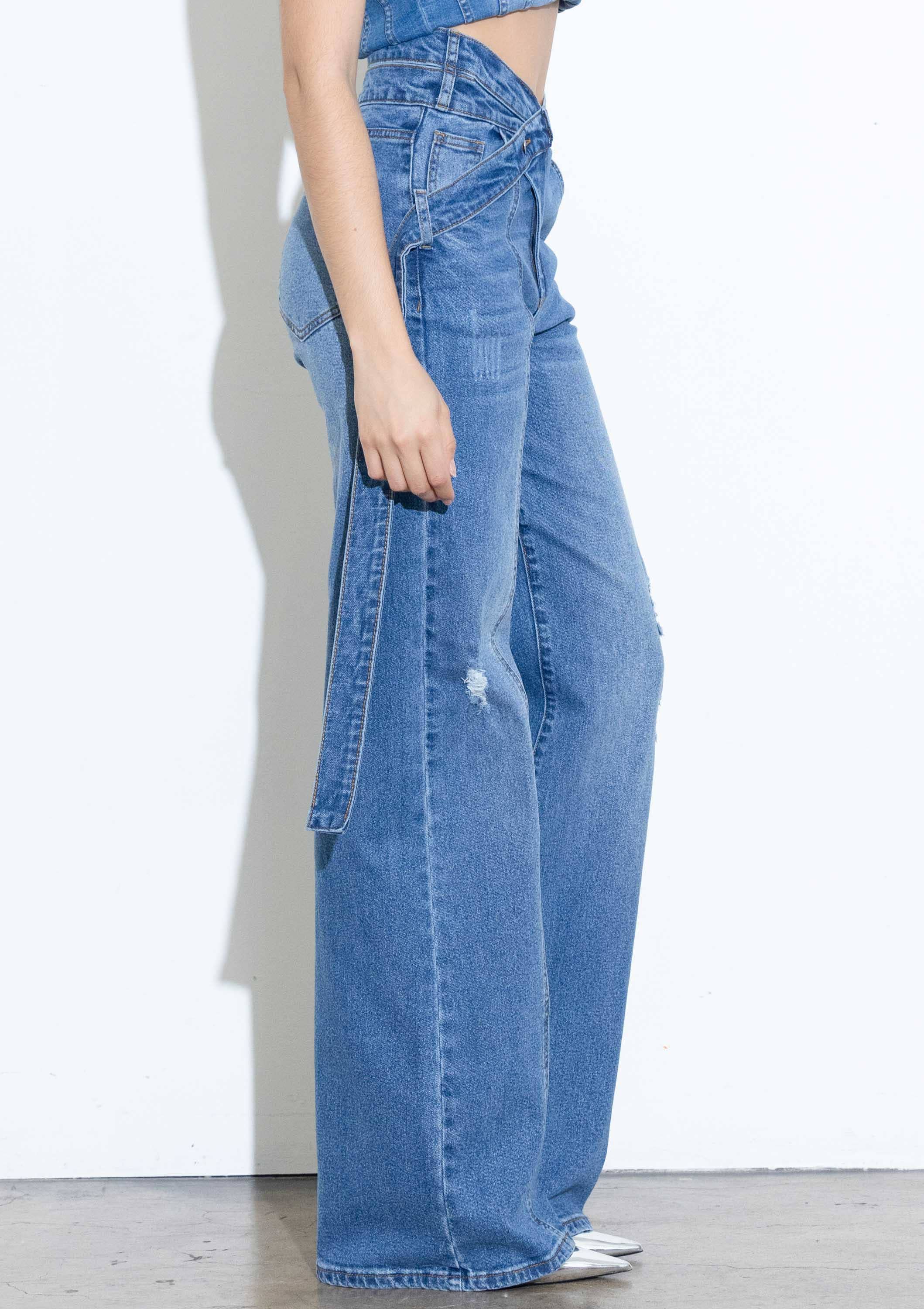 Medium Stone Crossed Waist Belt Line Wide Leg Jeans for wholesale on Faire4