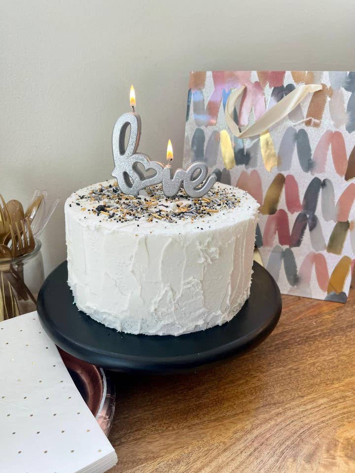 LOVE Bougie Décorative pour Gâteau d'Anniversaire de Mariage - Argent pour la vente par Sweet Wishes Candle Co.