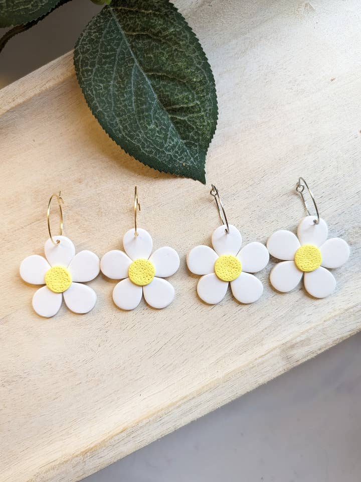 Daisy Clay Earrings, Daisy Hoops, Handmade Earrings, Hoops E for wholesale by Nettie's Clayhouse