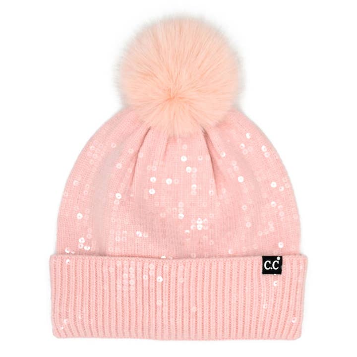 Fashion City - Wholesale Beanie - Women's - Clear Sequined Cuff Beanie with Pom Pom3