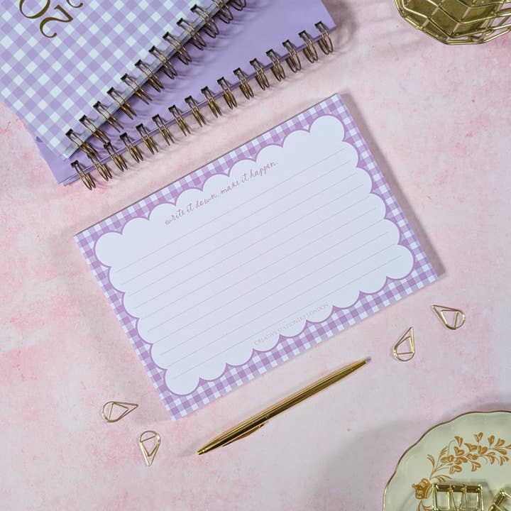 Write is Down, Make it happen | A5 Lined Notepad | Gingham | Lilac for wholesale by Creative Stationery London LTD