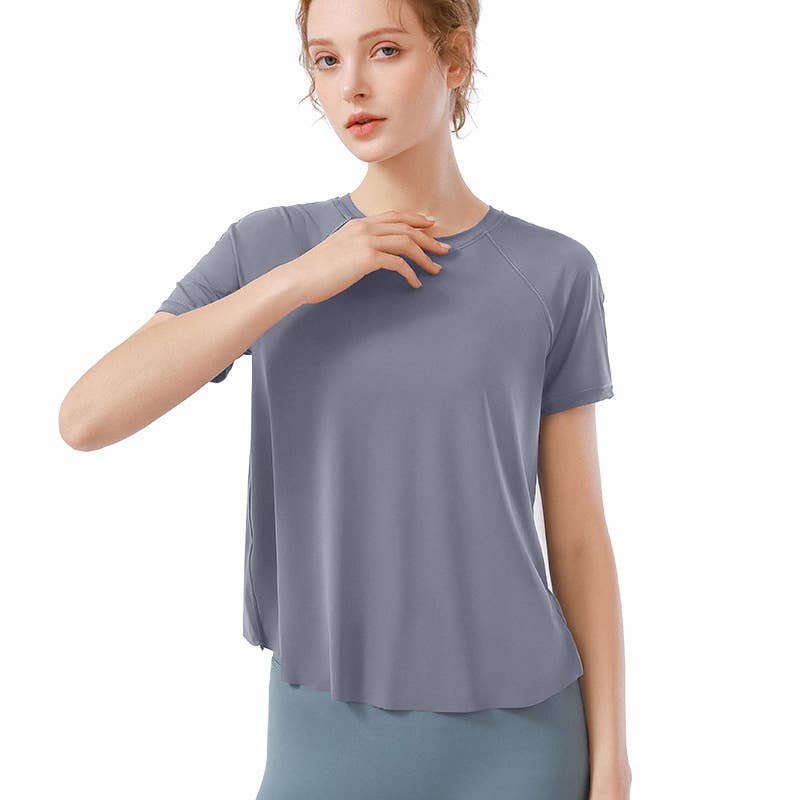 ELKLENS - Vente Haut de sport – femme - T-shirt de yoga à séchage rapide à fente irrégulière Lulu OEM2