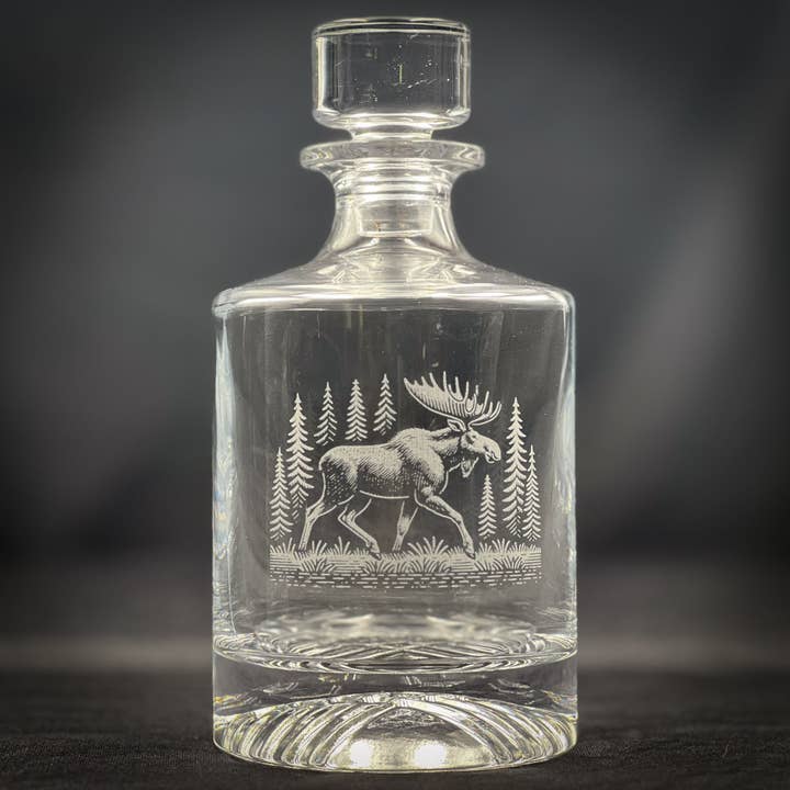 Moose in a Forest - 850ml Round Whiskey Decanter for wholesale by Adirondack Etching LLC