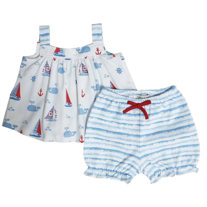 Set Bloomer per bambina con stampa di balene e barche a vela di Nantucket per la vendita all'ingrosso da parte di Marco and Lizzy