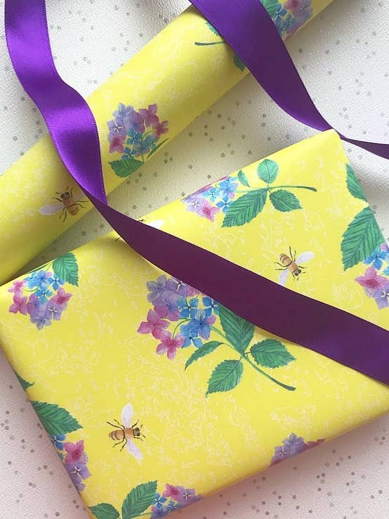 Hydrangea and bee gift wrap for wholesale by Ruth Goodwin Designs