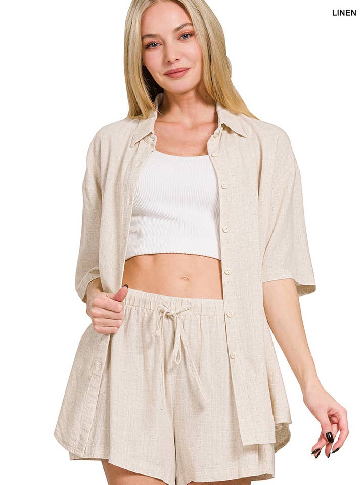 BLACK .0722 Linen Short Sleeve Shirts & Short Pants 2PC Set SI-27446 for wholesale on Faire0