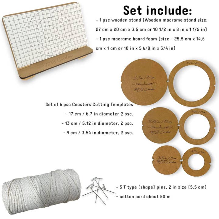 Macrame Coasters DIY Set: Macrame Board, 5 psc T shape pins, Coasters Cutting Templates and Cotton cord for wholesale by MB Cordas