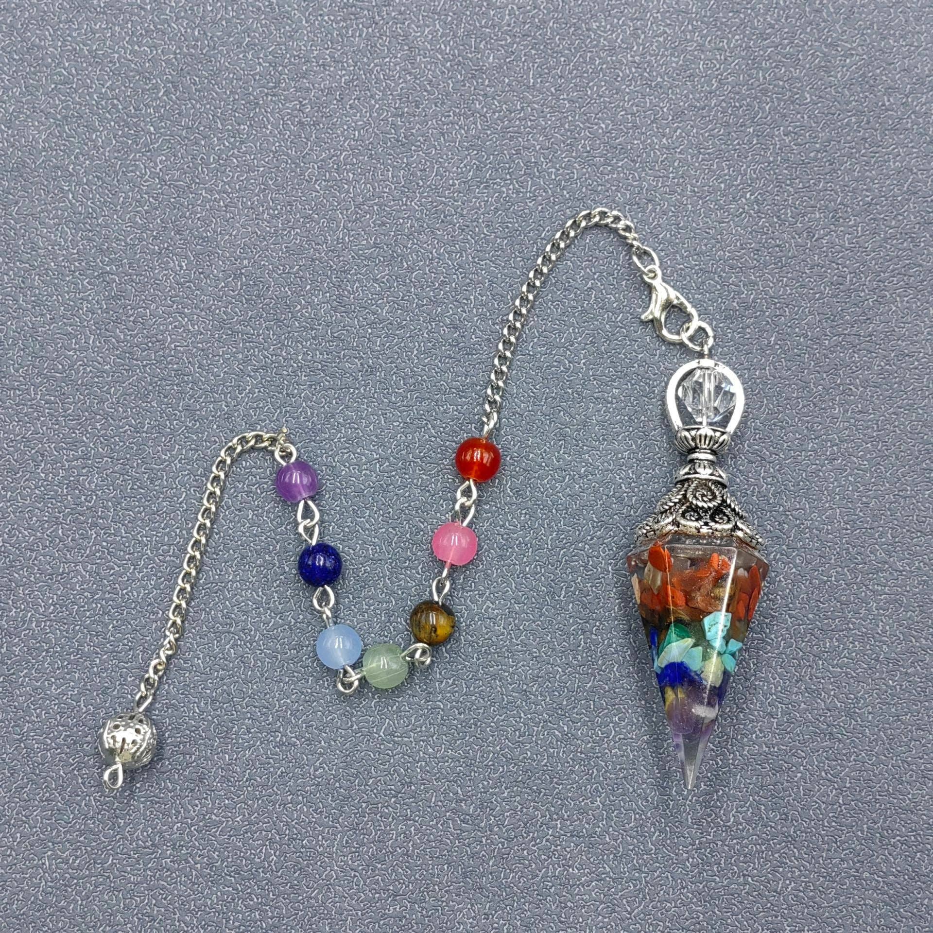 Mio Queena - Wholesale Spiritual Stone/Crystal - Hexagonal Cone Gravel Pendulum with Chakra Chain - CS22