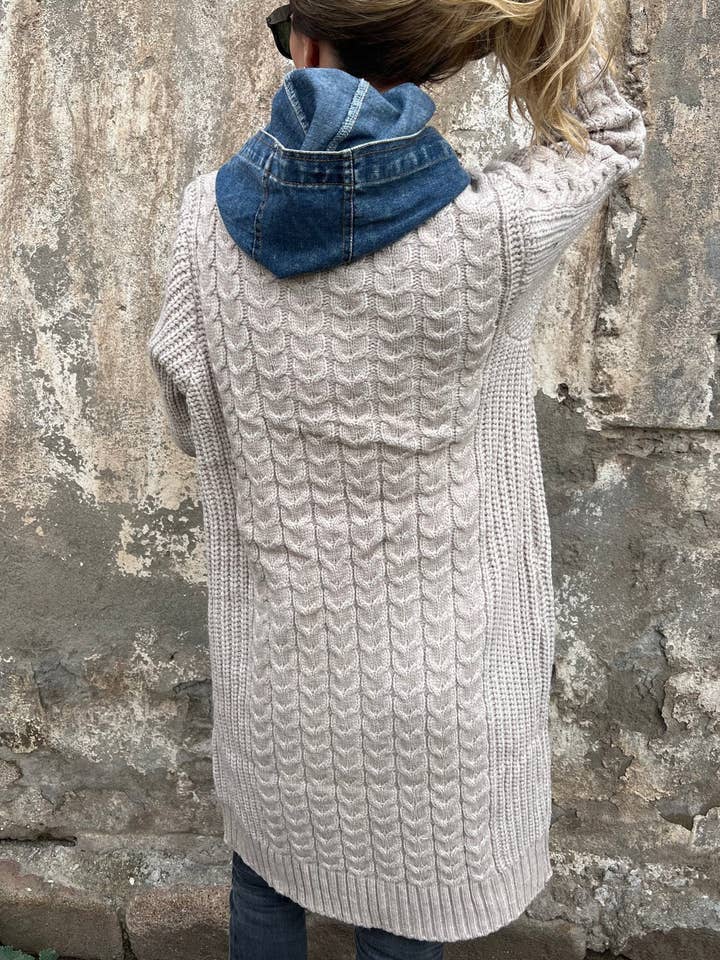Rosa Clothing - Wholesale Cardigan - Women's - Vintage Style Denim Patchwork Hooded Knit Cardigan4