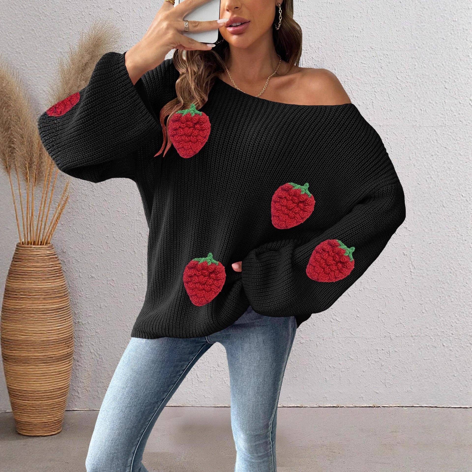 Masyal - Wholesale Knit Sweater - Women's - Off-shoulder Women's Sweater with 3D Strawberry Patchwork5