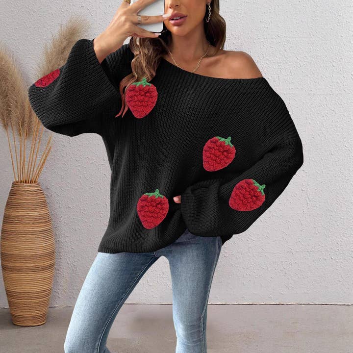 Masyal - Wholesale Knit Sweater - Women's - Off-shoulder Women's Sweater with 3D Strawberry Patchwork5