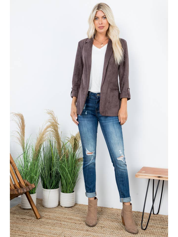 26 International - Wholesale Blazer - Women's - Elegance Open Front Roll Up Suede Blazer