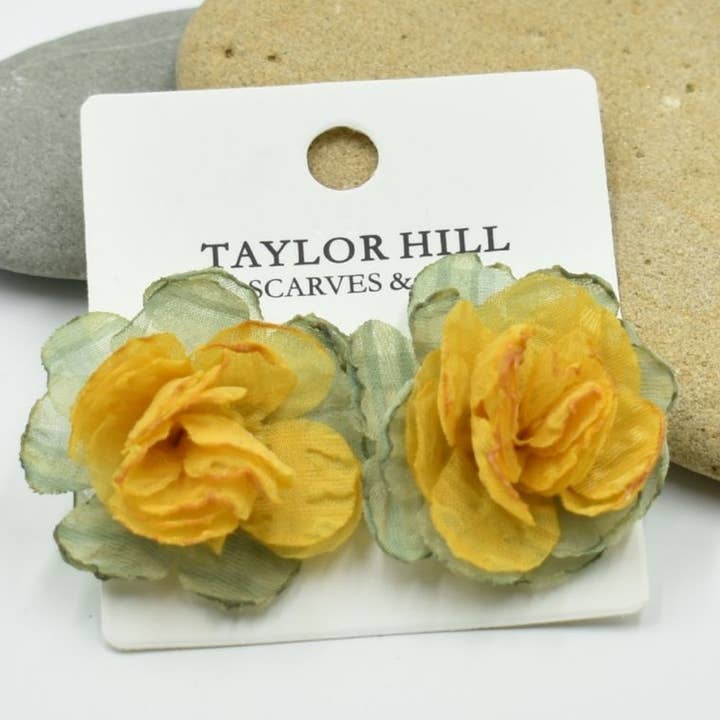 THSE1083: Mustard Green: Duo Colour Flower Earrings for wholesale by Taylor Hill Scarves & Co