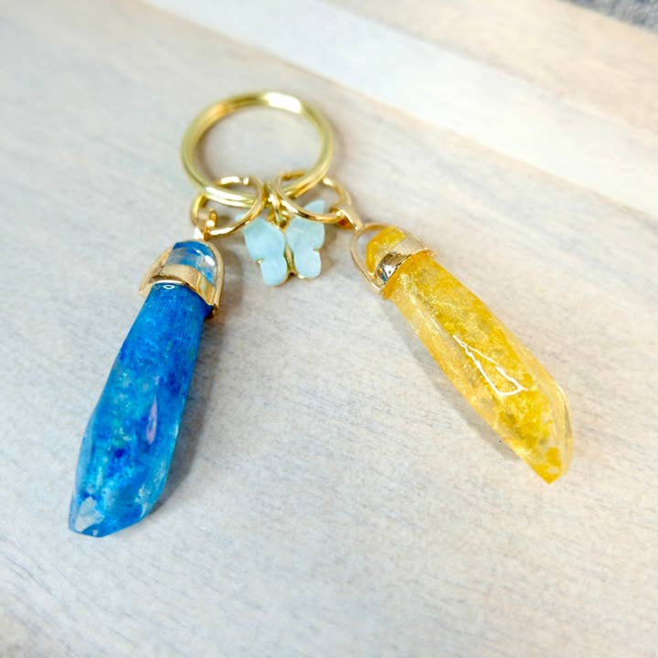 BlueButterflyBazaar - Wholesale Keychain - Women's - Yellow and Blue Reylo Ben Solo and Rey and Blue Butterfly Kyber Crystal keychain Star Wars, unique gift, collectable.2