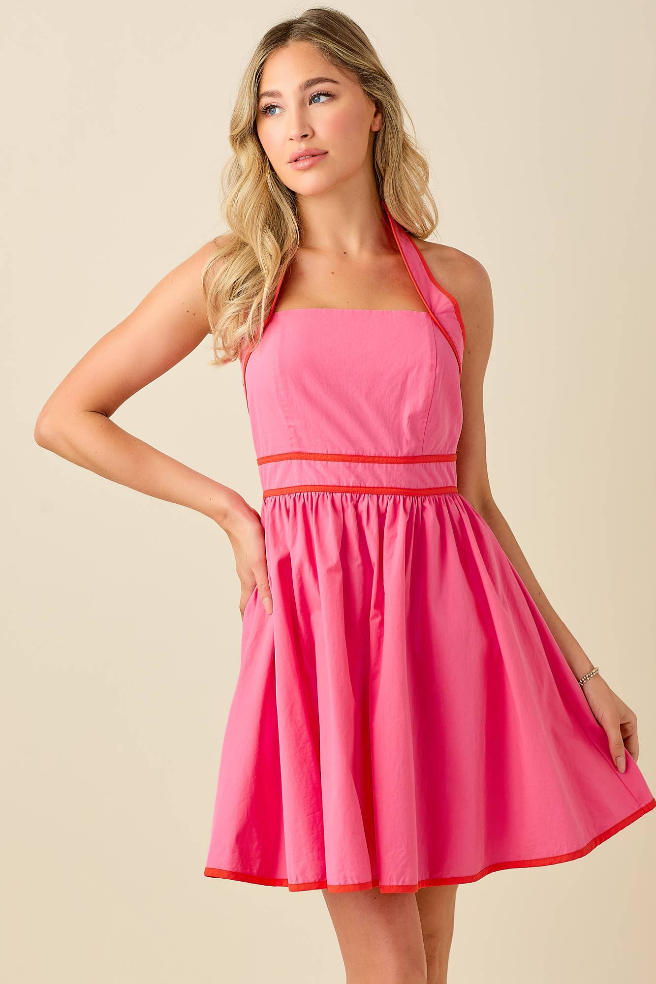 BABY PINK – wholesale Dress – Women's – Halter neck backless mini dress with contrast binding27