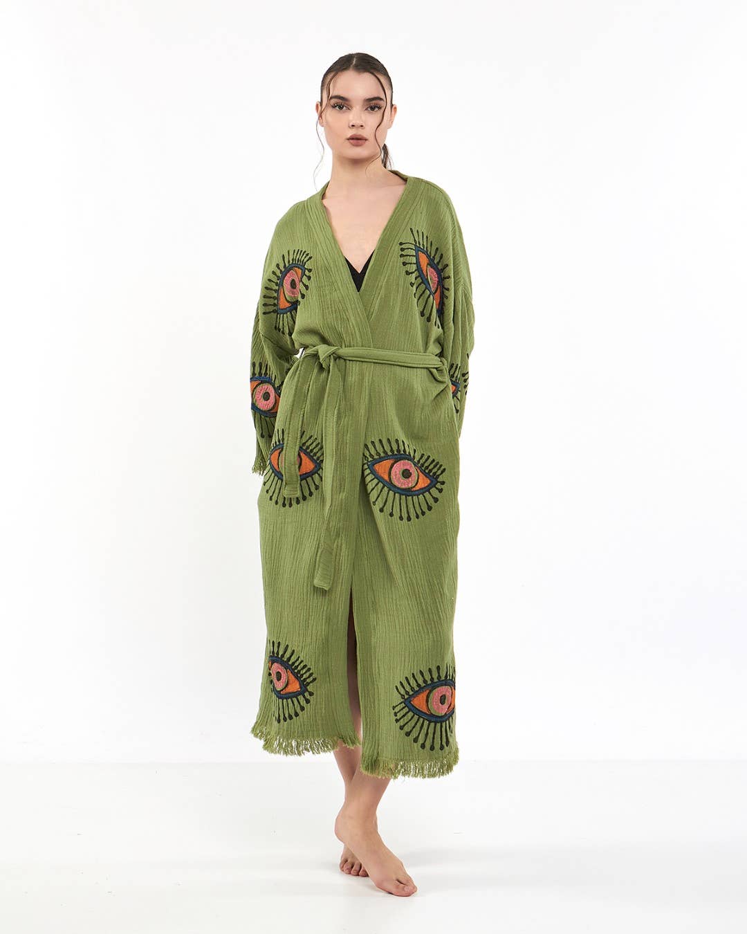 Yaz Concepts - Wholesale Kimono - Women's - Turkish Evil Eye Print Olive Green Robe Festival Kimono Gown8
