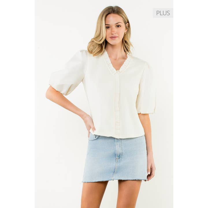 /Størrelse XL/ Poplinbluse med Flæsekant og Pufærmer for engroshandel hos THML