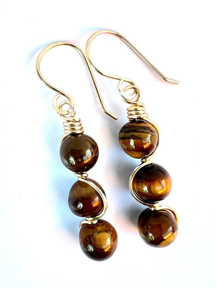 Triple Wire Wrapped Tiger Eye Gemstone Earrings for wholesale by Beaded Vision Jewelry