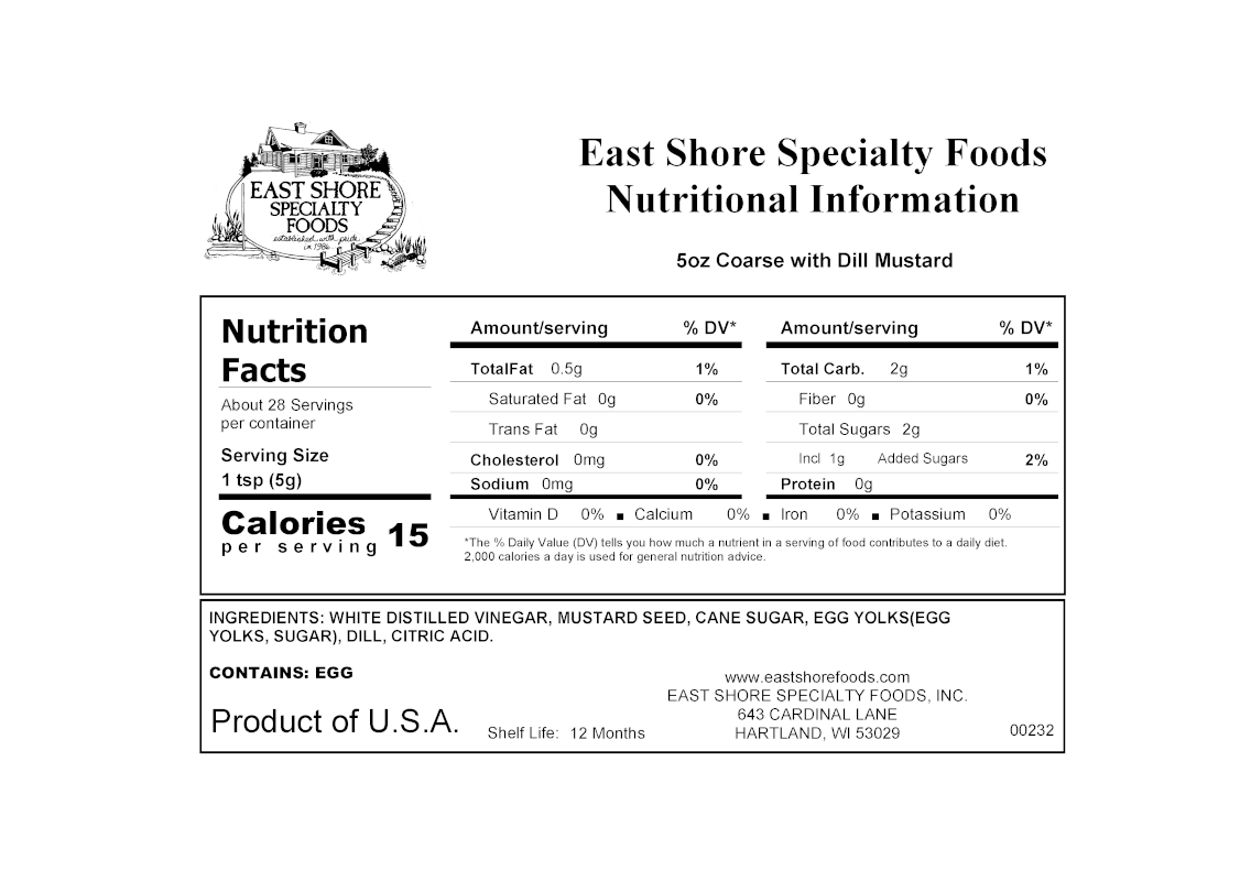 East Shore Specialty Foods, Inc. - Vente Moutarde - Moutarde East Shore - grossière avec moutarde à l'aneth - 5 oz1