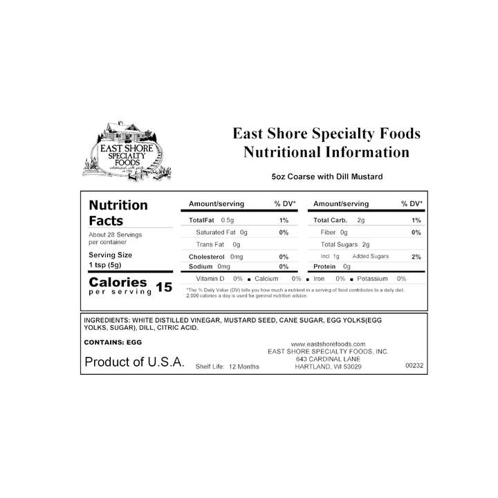 East Shore Specialty Foods, Inc. - Wholesale Mustard - East Shore Mustard - Coarse with Dill Mustard - 5oz1