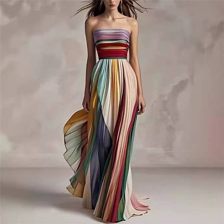 MULTICOLOR Colorful Strapless Pleated Maxi Dress for wholesale on Faire