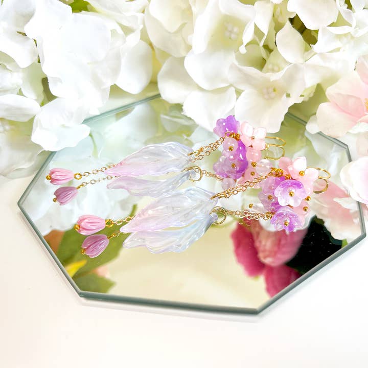 Melange Blanc - Wholesale Dangle Earrings - E194 purple flower long dangle drop earrings3