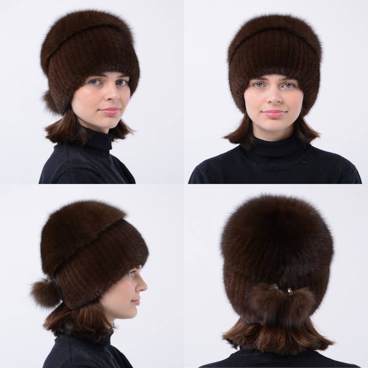 Nertsmuts voor dames met een grote pompon van vossenbont voor wholesale door FurStyleUa