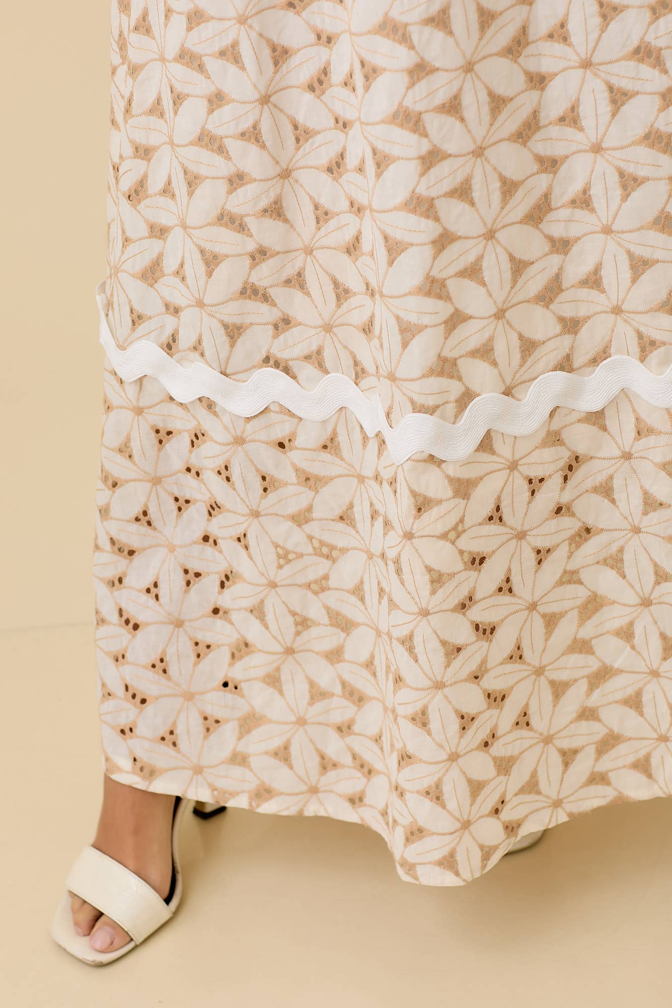 TAUPE Floral Eyelet Maxi Dress With Contrasting Ric Rac for wholesale on Faire2