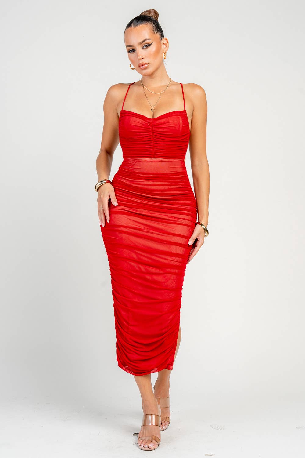 PRIVY – Engroshandel Kjole - Dame – PD73176B_LUX MESH SNØREBÅND MED RYNKET RYG OG MIDI KJOLE8