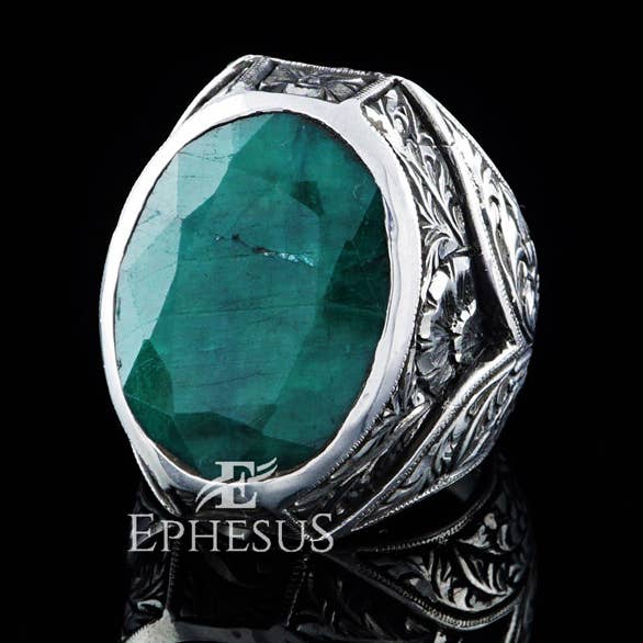 Natural Emerald Ring for Men Hand Engraved for wholesale by Ephesus Jewelry