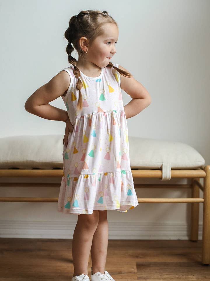 Pink Birthday Print Bamboo Tiered Twirl Dress - with Pockets for wholesale by Southern Slumber