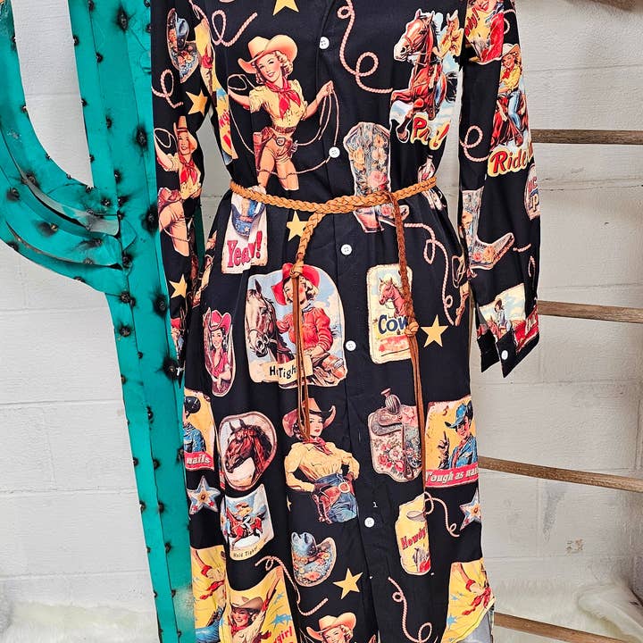 Baha Ranch Vintage Cowgirl Collage Western Button-Up Long Sleeve Shirt Dress Duster for wholesale by BAHA RANCH WESTERN WEAR