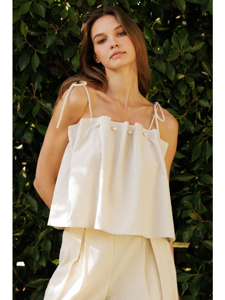 Pearl Embellished Linen Top for wholesale on Faire