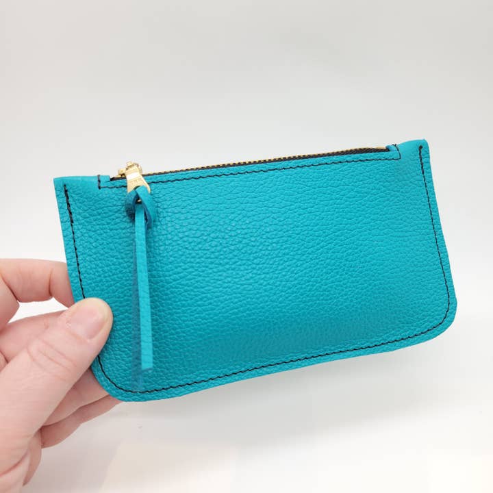 Bright Turquoise Leather Zip Pouch for wholesale by Hazel Ray