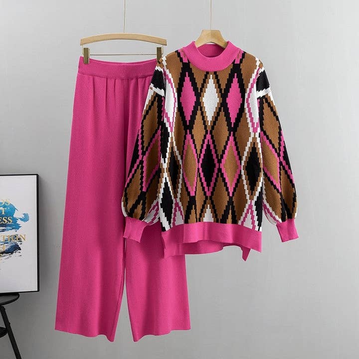 Knitted Color Block Diamond Pattern Sweater And Pants Set for wholesale by UZ Wholesale Store