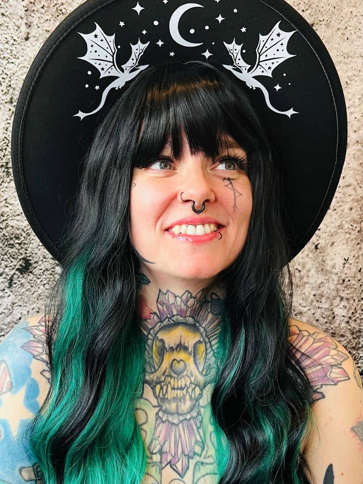 Vegan Felt Wide Brim Hat - XL Brim - "Dragons" for wholesale by Witchwood Bags