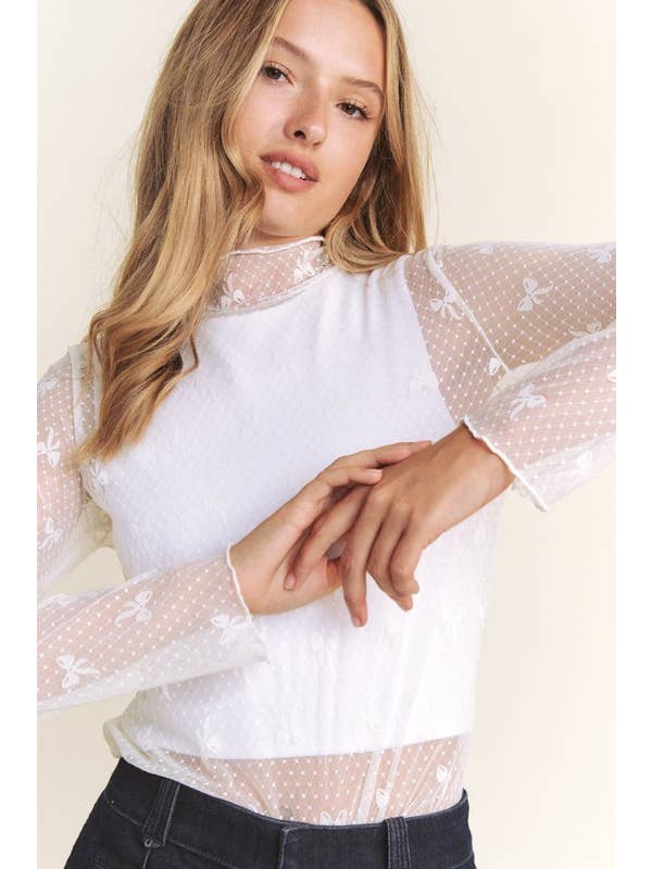 JADE BY JANE - Wholesale Knit Top - Women's - LONG SLEEVE RIBBON SHAPED MOCK NECK LACE TOP