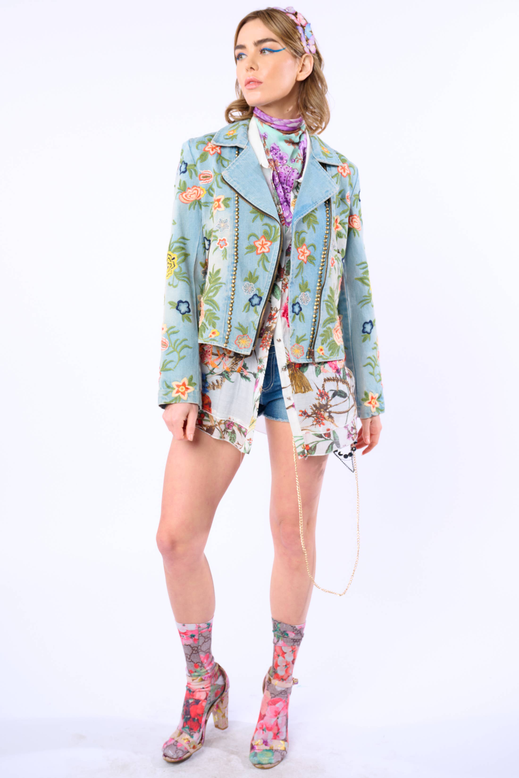 Lucinda Embroidered Denim Motorcycle Jacket for wholesale on Faire21