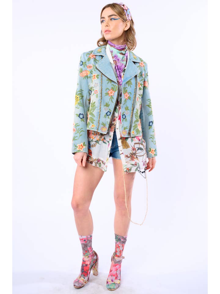 Lucinda Embroidered Denim Motorcycle Jacket for wholesale on Faire21