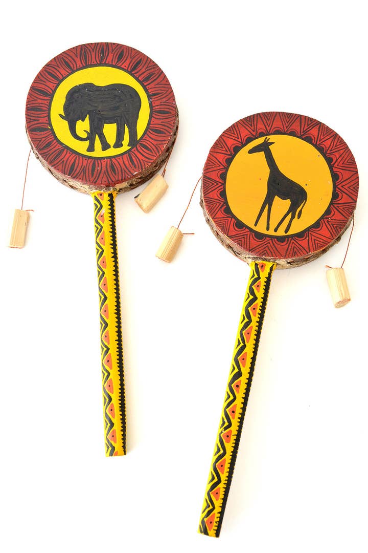 African Modern - Wholesale Musical Toy - Kids & Baby - Large Double-Sided Giraffe & Elephant Spin Drum0