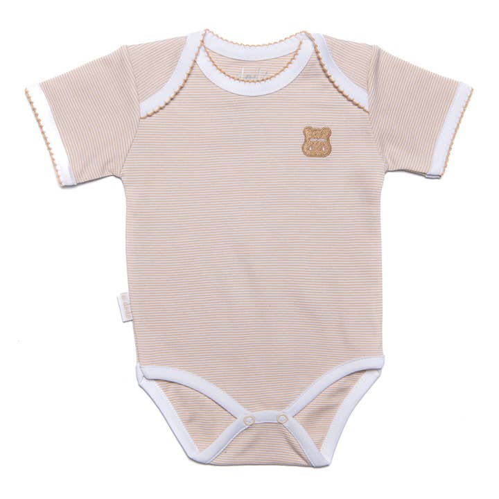 Onesie à manches courtes - Rayures beiges pour la vente par A Dodo Baby