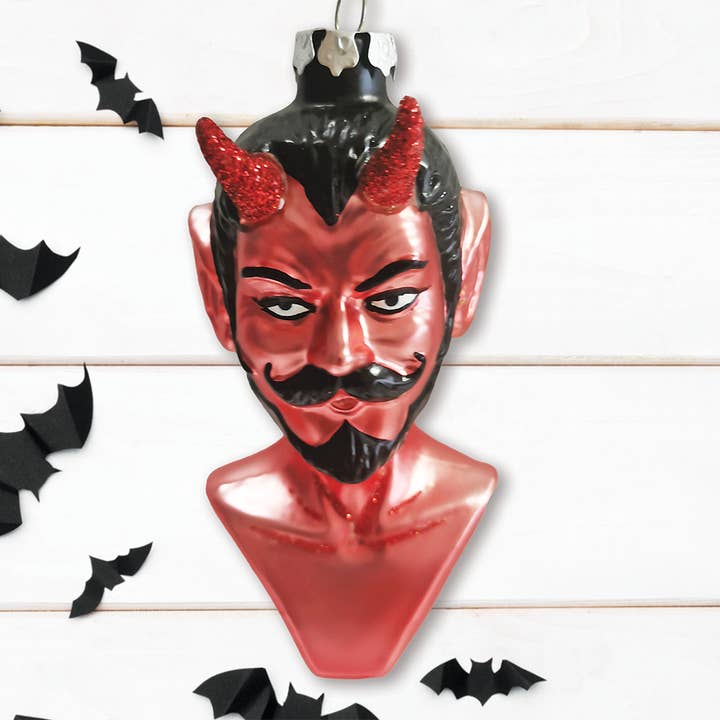 Devil Head Glass Christmas Ornament, Halloween Horror Decor for wholesale by OrnamentallyYou