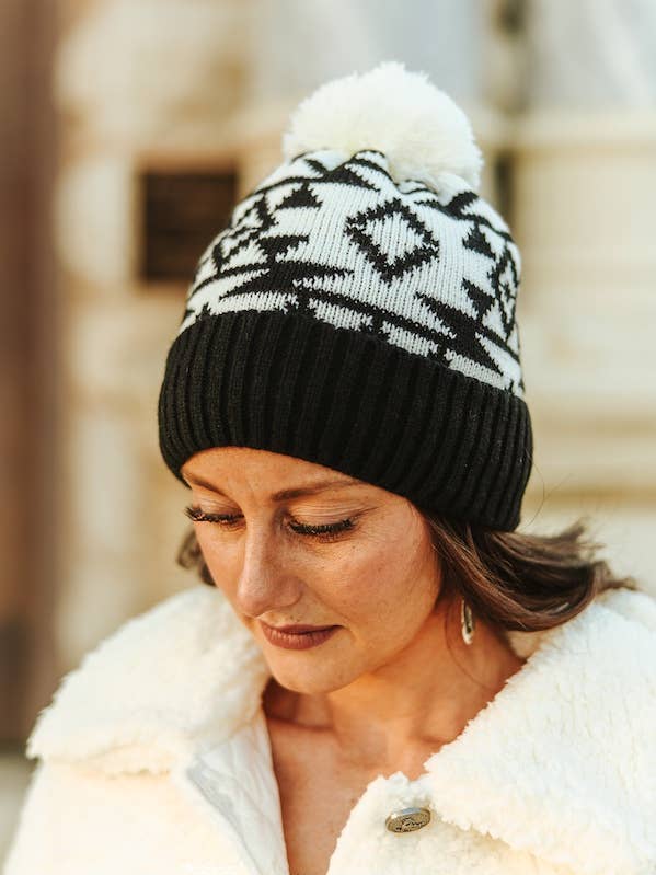 Black Ivory Aztec Fleece Lined Knit Pom Beanie for wholesale by LUCKY & BLESSED