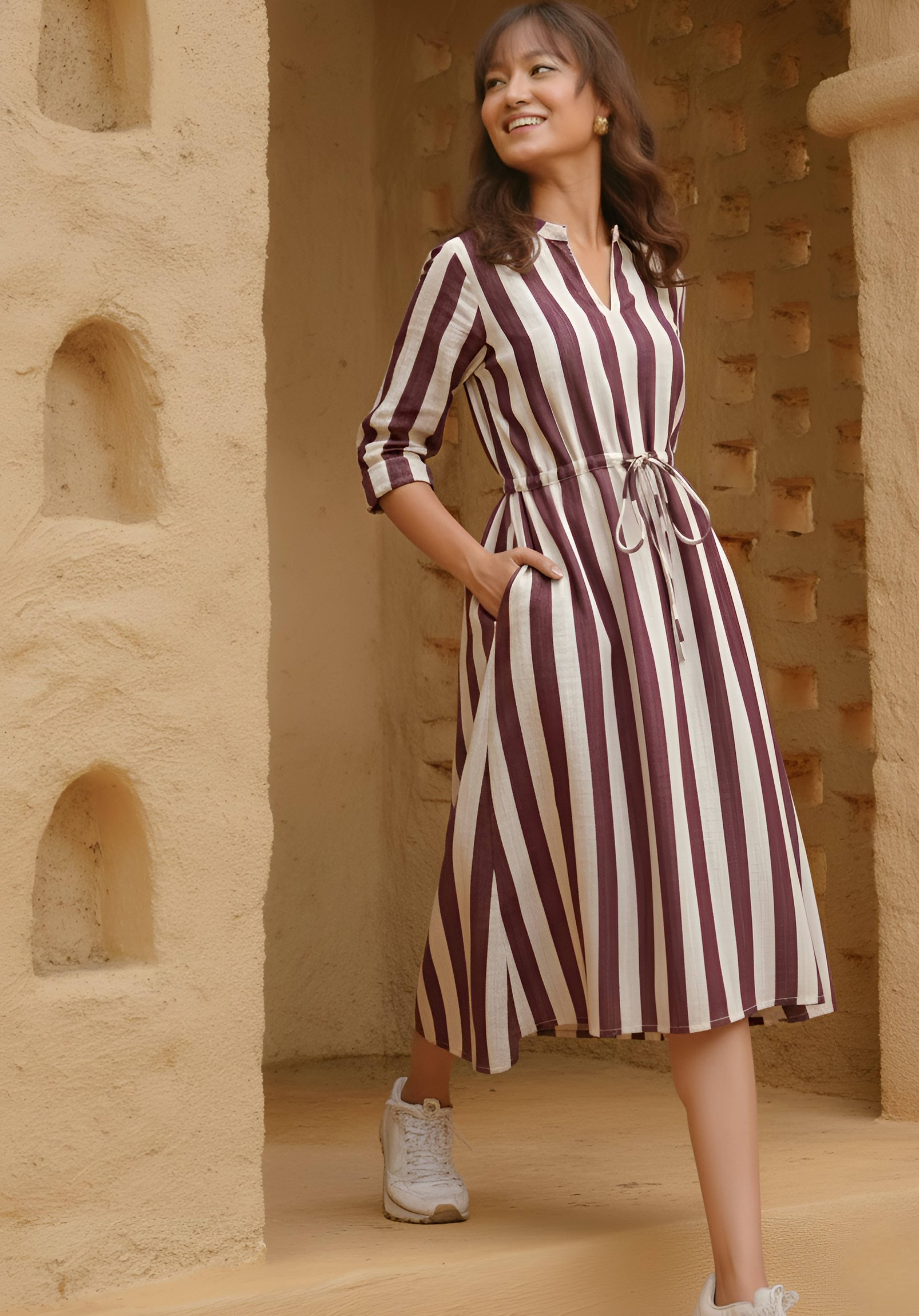 Poetry in Stitches - Wholesale Dress - Women's - KAEL - Maroon Stripped Dress2