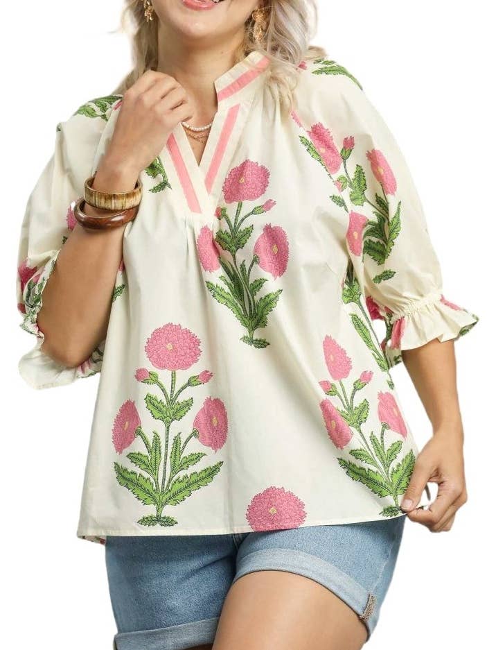 Plus Size Floral Poplin Puff Sleeve Blouse for wholesale by Vanilla Monkey