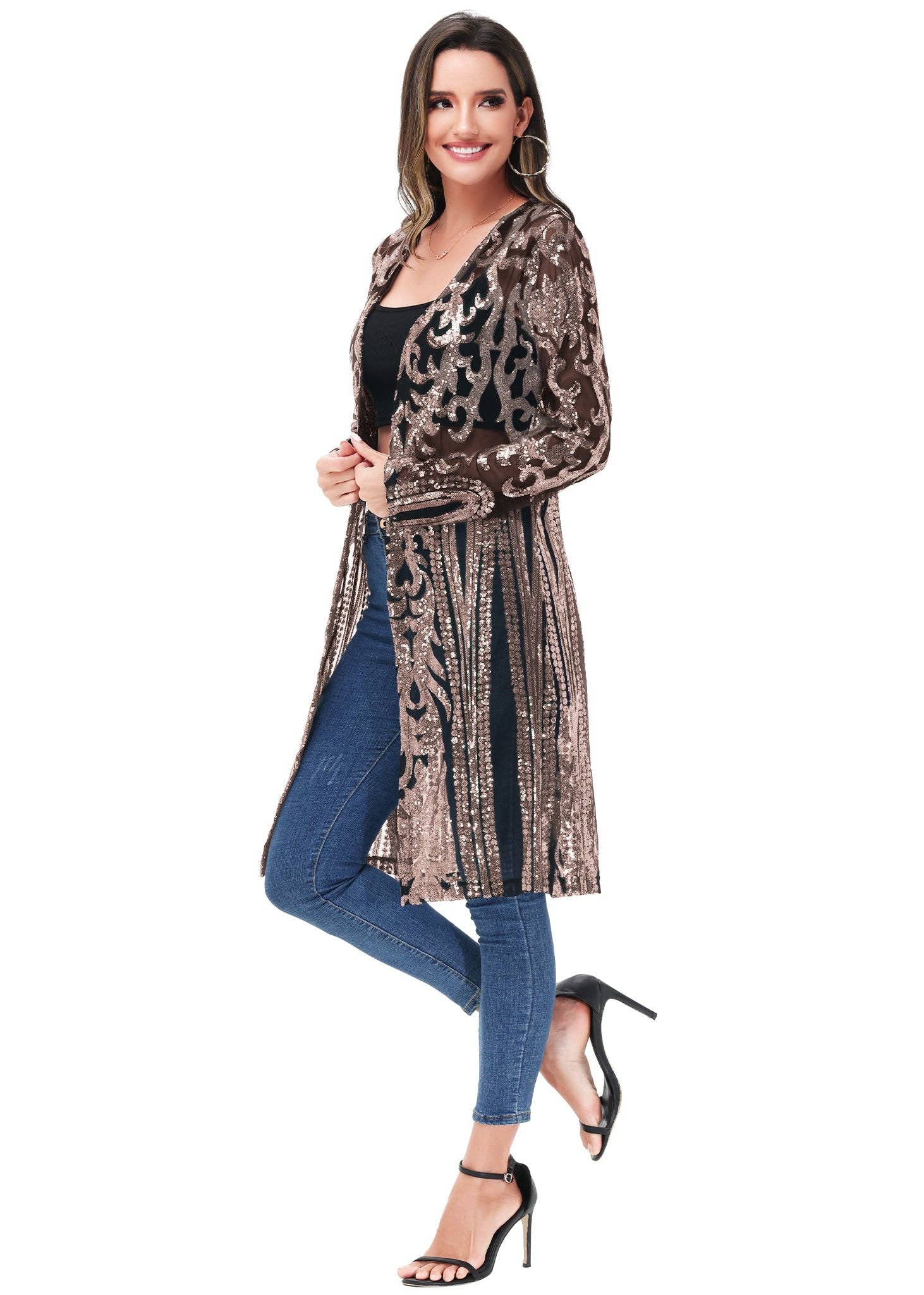 Anna Kaci Wholesale - Vente Kimono – femme - Cardigan à paillettes pour femmes à manches longues et ouvert sur le devant8