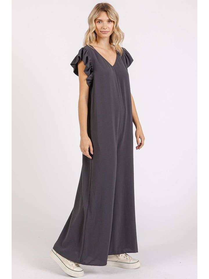 mittoshop - Wholesale Jumpsuit - Women's - AIRFLOW V-NECK RUFFLE SLEEVE WIDE LEG JUMPSUIT