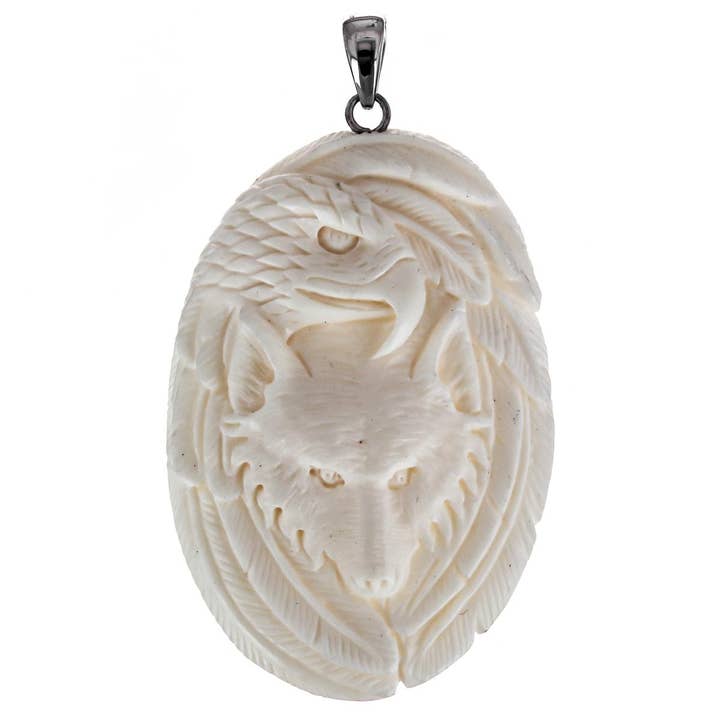 Colgante de hueso de bisonte de lobo y águila hecho a mano en plata de ley 925, 7 cm. para venta al por mayor de FifiRose