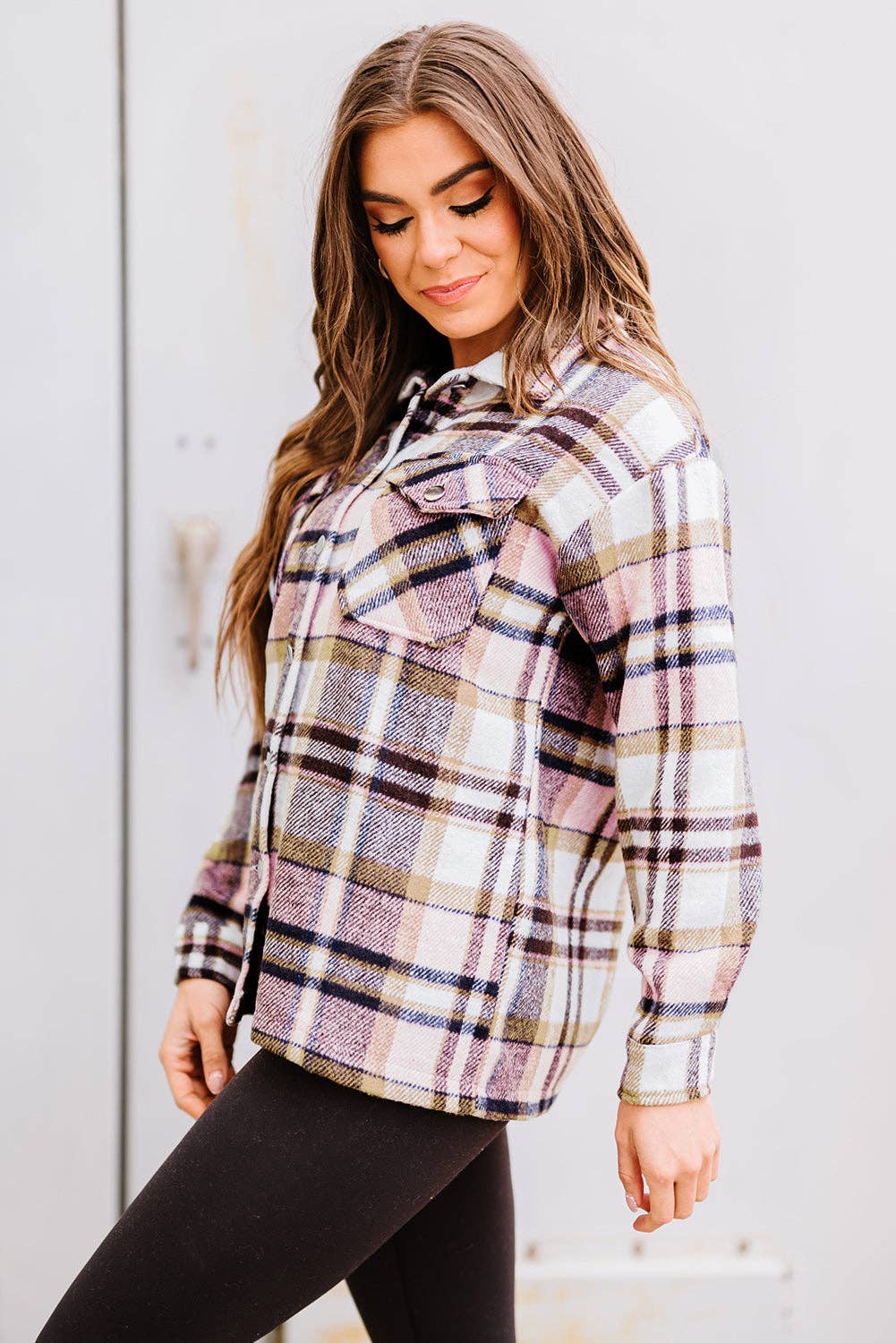 PRETTY BASH - Wholesale Shirt Jacket/Shacket - Women's - Plaid Pocketed Button Front Shacket18