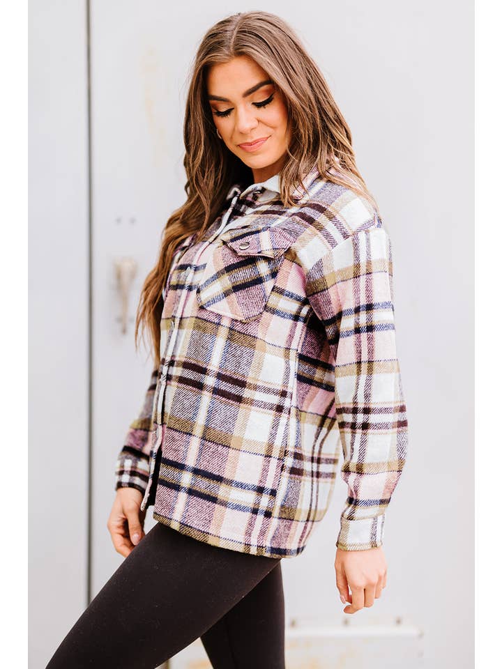 PRETTY BASH - Wholesale Shirt Jacket/Shacket - Women's - Plaid Pocketed Button Front Shacket18
